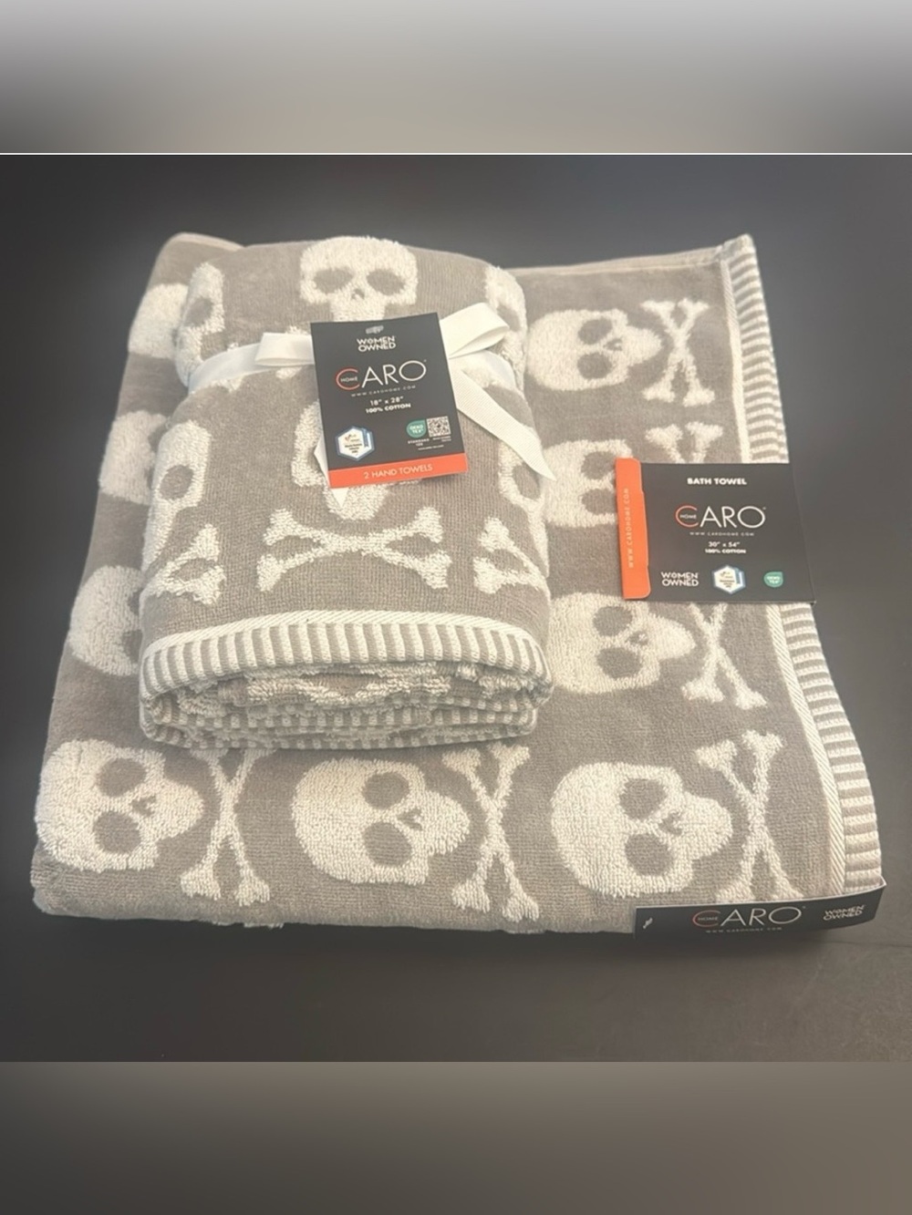 3pc CARO HOME Skull Pattern Bath Towel Set - Halloween - 100% Cotton -Gray/White